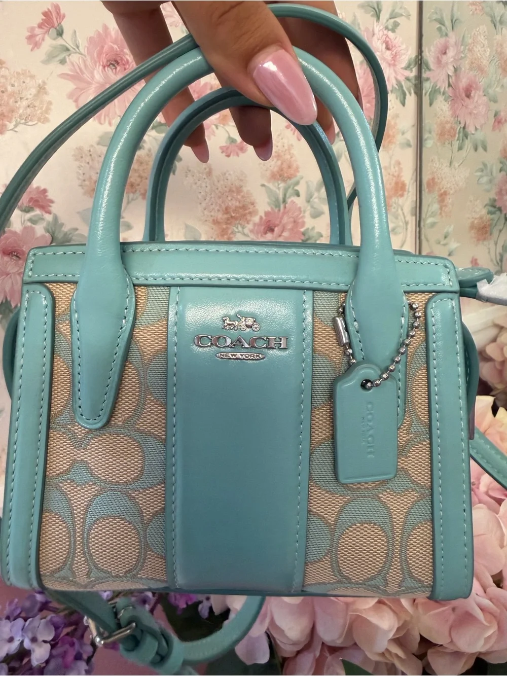 COACH Turquoise Mini Signature Canvas Crossbody Satchel